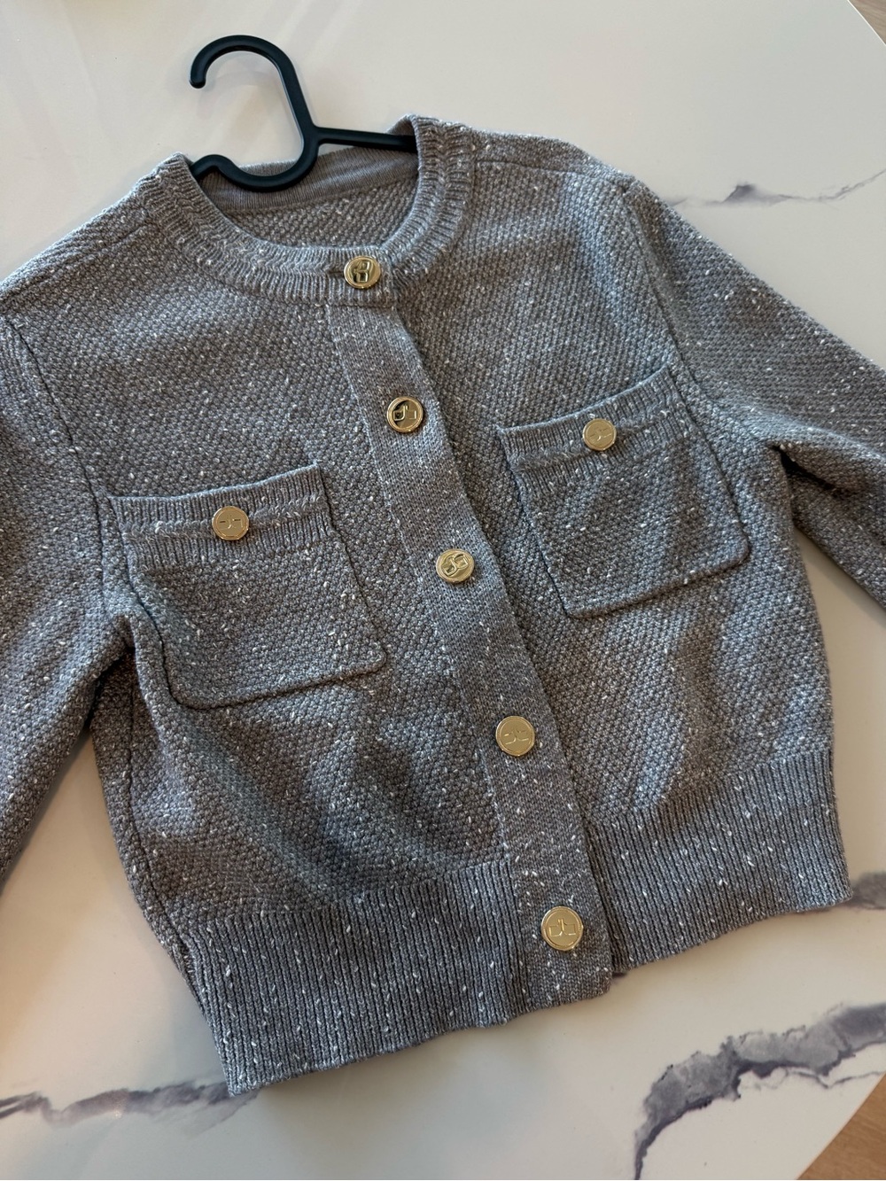 Gray Metallic Knit Cardigan with Gold Buttons